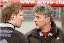Nach Spielschluss fand FCN-Trainer René Müller entschuldigende und beruhigende Worte für den aufgebrachten Stephan Essig, nachdem das zur roten Karte führende Foul an René Finnemann die Gemüter hochkochen ließ.